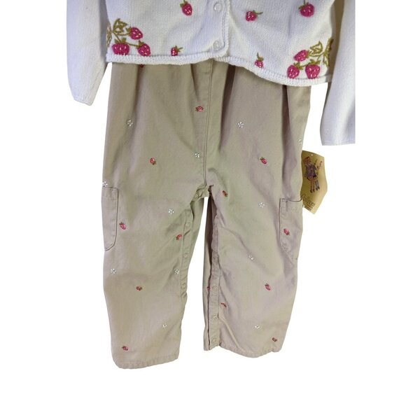 Gymboree Girls 3T White Cardigan Tan Overalls Strawberry Patch Set Embroidered - Picture 3 of 16